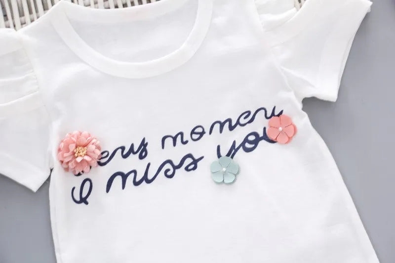 Baby Girls Clothes Floral Printed Short Sleeve Strapless T-shirt+Pant 2Pcs Girl Set Kid Outfit Lady Suit Princess Child set A293