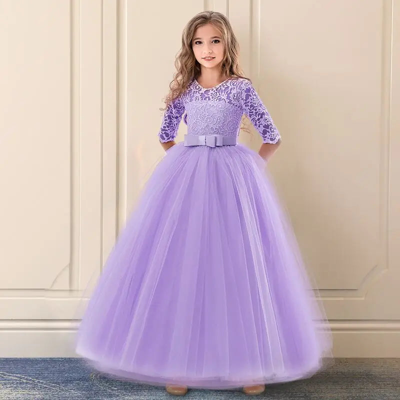 MaisonVerde® Fancy Flower Long Prom Gown – Girls’ Formal Party & Bridesmaid Dress (6–14 Years)