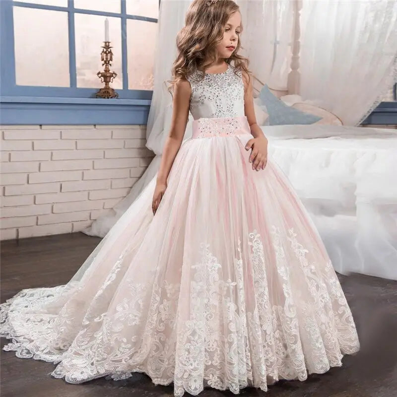 MaisonVerde® Fancy Flower Long Prom Gown – Girls’ Formal Party & Bridesmaid Dress (6–14 Years)