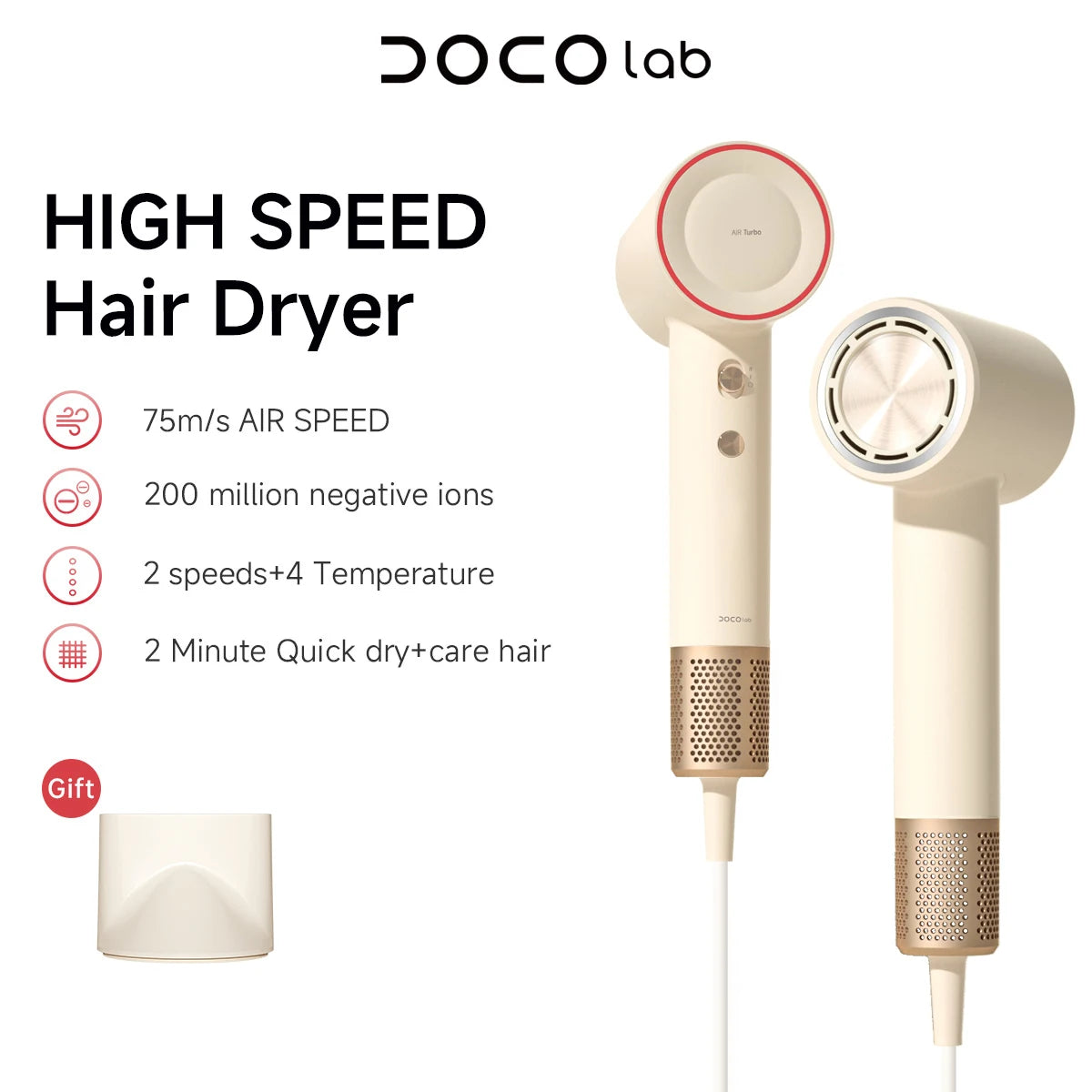 MaisonVerde® DOCO Professional High-Speed Hair Dryer – 75m/s Fast Drying with 200 Million Negative Ions | Lightweight, Low Noise, Dual Voltage