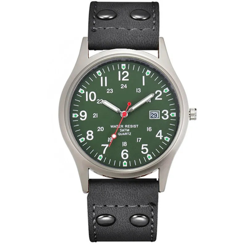 MaisonVerde® Men’s Casual Leather Quartz Watch – Black Military Sport Style with Date Display | Lightweight Student Gift Watch