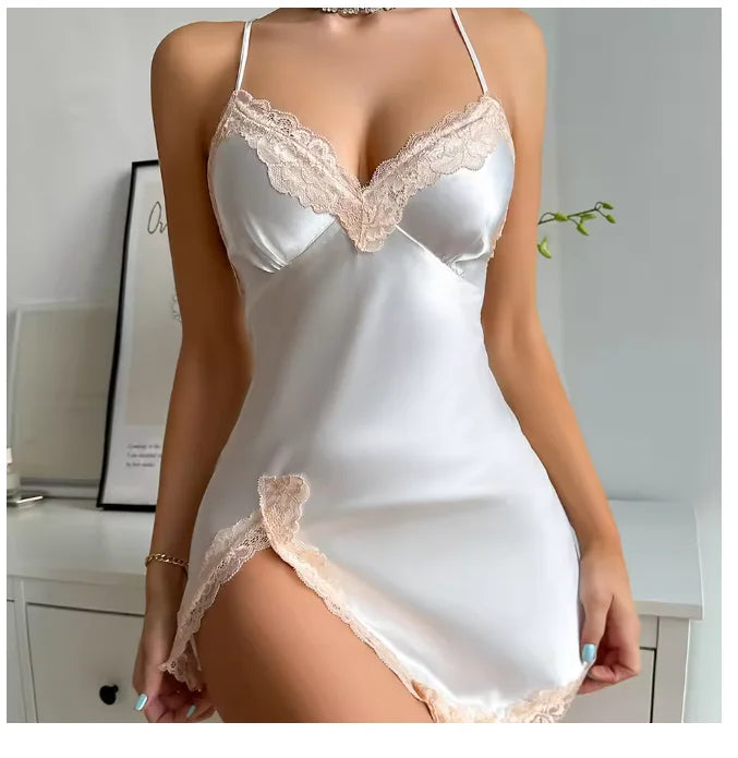 MaisonVerde® White Satin Backless Nightgown – Summer V-Neck Chemise with Lace Trim | Lightweight Suspender Sleepwear for Women