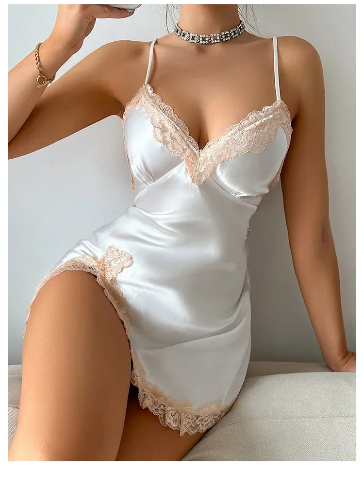 MaisonVerde® White Satin Backless Nightgown – Summer V-Neck Chemise with Lace Trim | Lightweight Suspender Sleepwear for Women