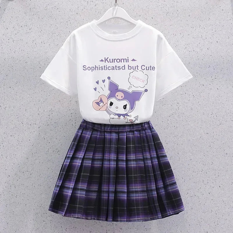 MaisonVerde® Sanrio Kuromi Kawaii Girls College Style Outfit – T‑Shirt & Pleated Skirt Set (Summer Collection)