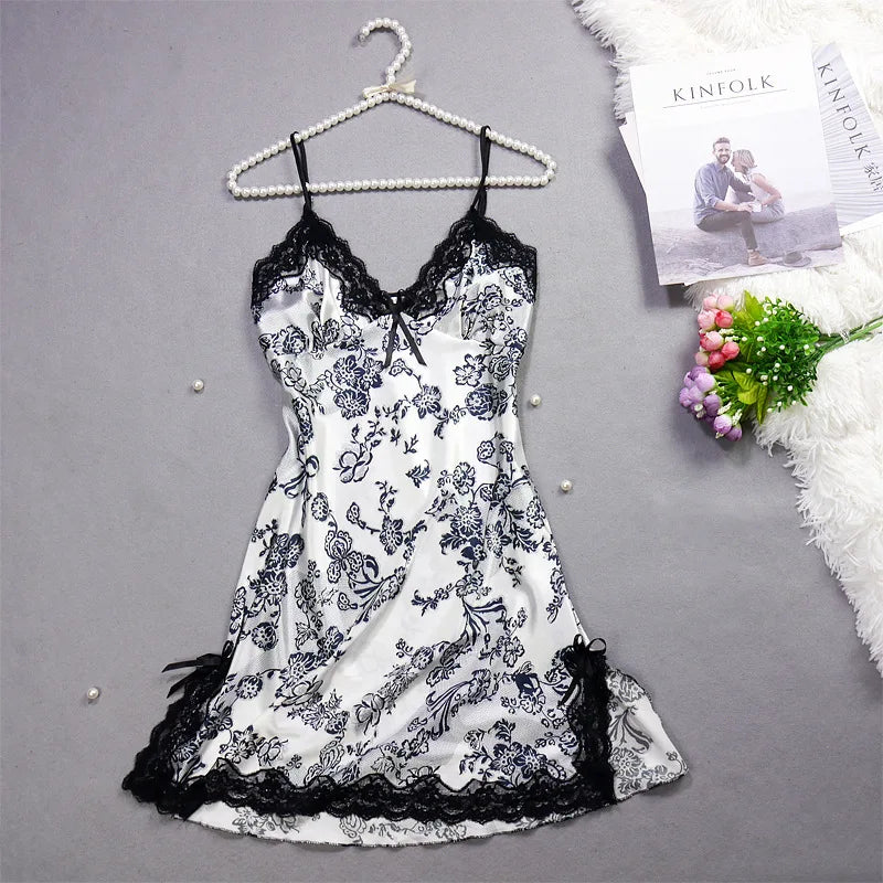 MaisonVerde® Ice Silk Halter Nightgown – Lace-Trimmed Sleeveless Mini Pajama Dress | Breathable Korean-Style Homewear for Women