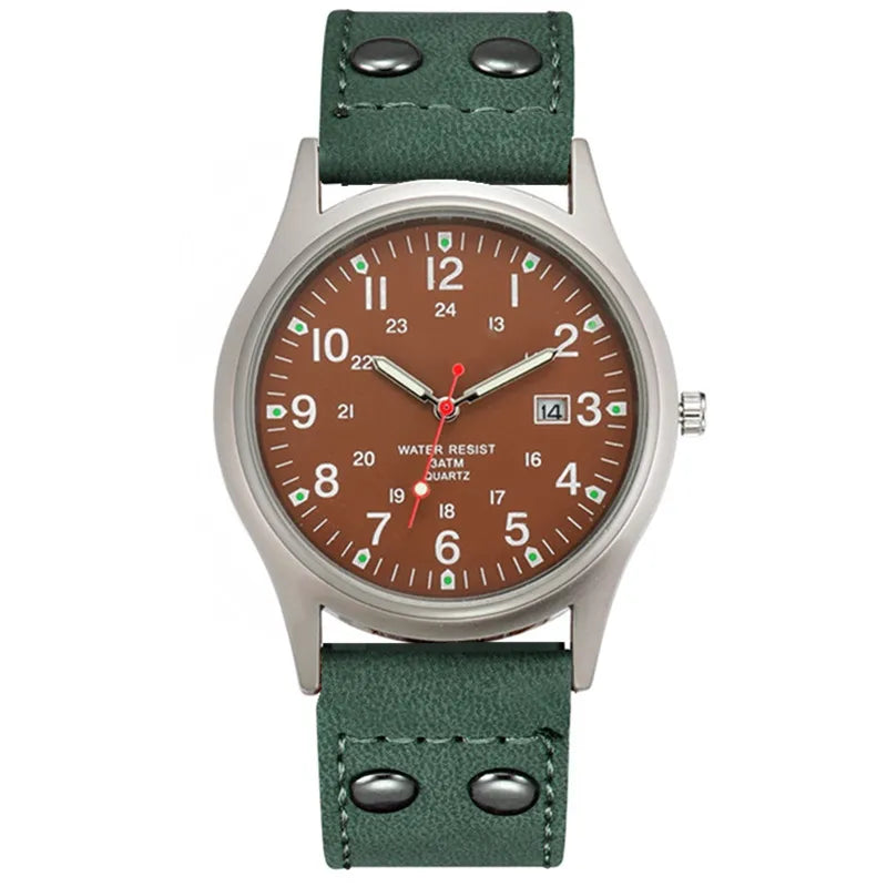 MaisonVerde® Men’s Casual Leather Quartz Watch – Black Military Sport Style with Date Display | Lightweight Student Gift Watch