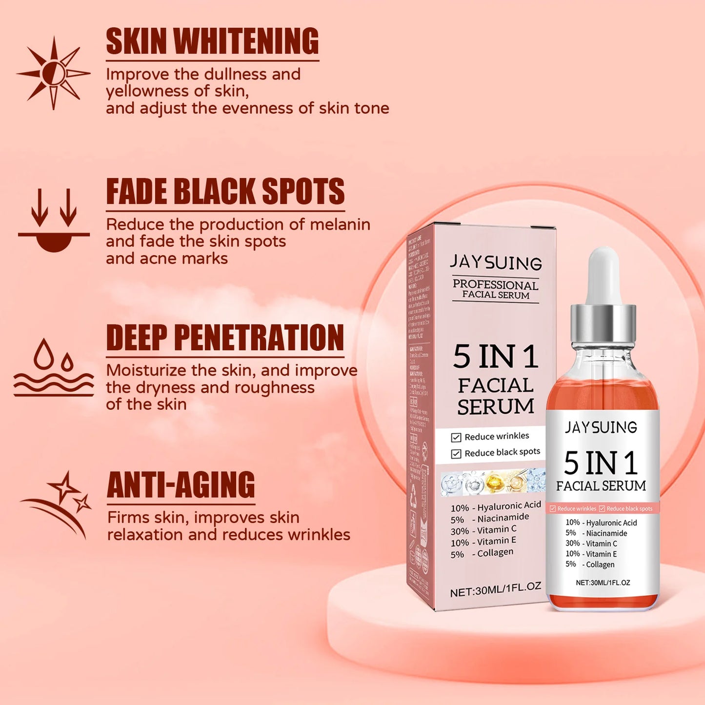 MaisonVerde® 5-in-1 Facial Serum – Hyaluronic Acid + Vitamin C + Niacinamide | Deep Hydration, Pore Care, Fine Line Reduction, Brightening, Firming