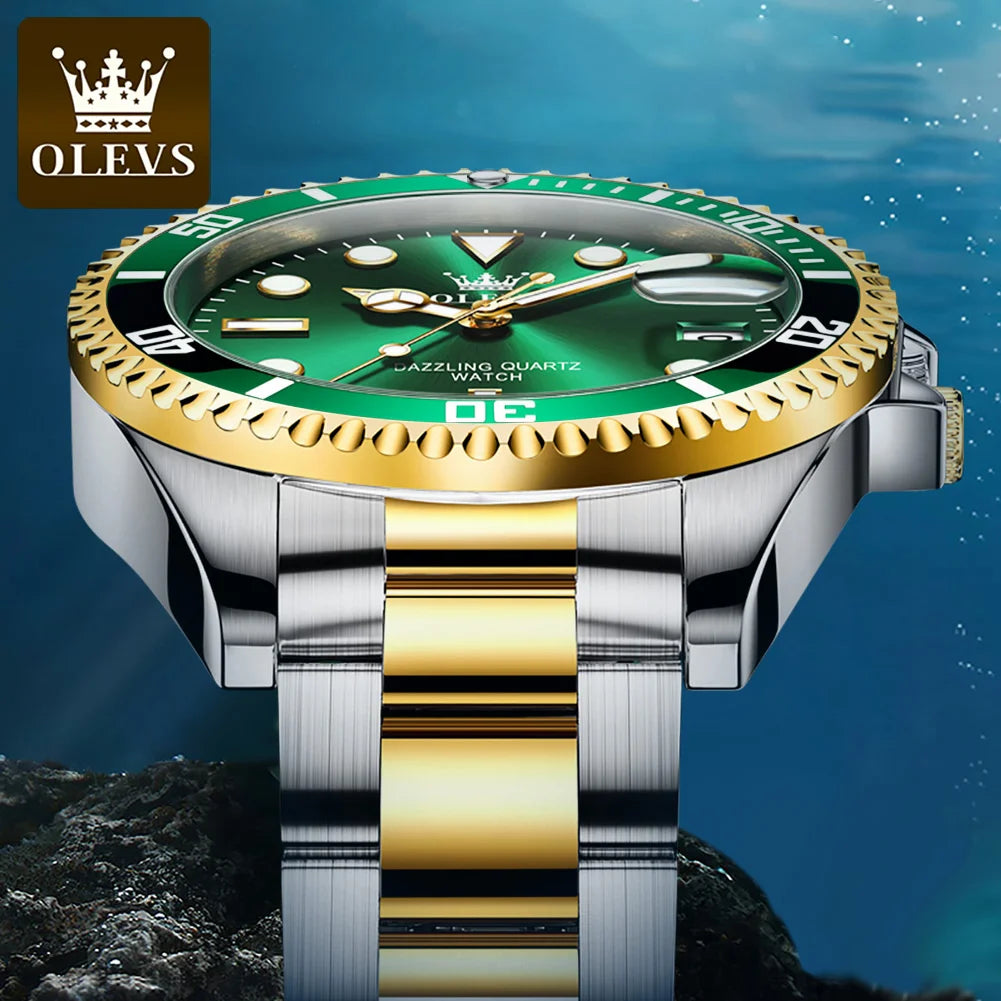 MaisonVerde® Men’s Luxury Quartz Watch – Green Dial, Stainless Steel Strap | Waterproof, Luminous Hands, Business & Casual Style (OLEVS 5885)