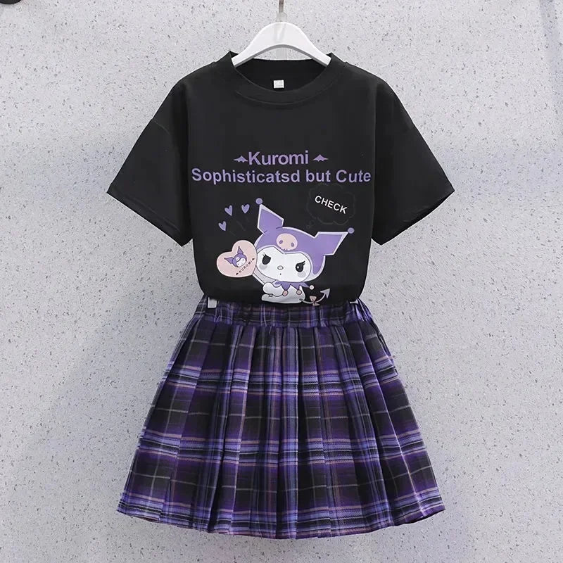 MaisonVerde® Sanrio Kuromi Kawaii Girls College Style Outfit – T‑Shirt & Pleated Skirt Set (Summer Collection)