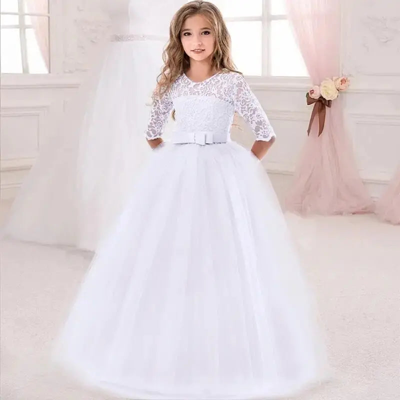 MaisonVerde® Fancy Flower Long Prom Gown – Girls’ Formal Party & Bridesmaid Dress (6–14 Years)