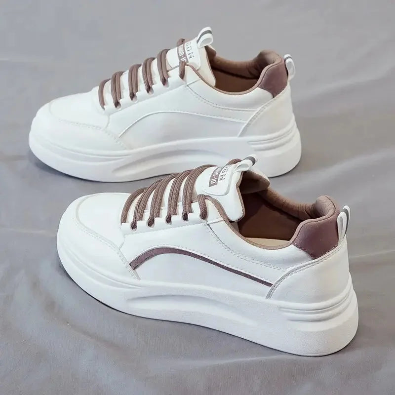 MaisonVerde® Women’s Casual Platform Sneakers – White PU Leather Lace-Up Flats | Comfortable Vulcanized Sole, Fashion Street Style