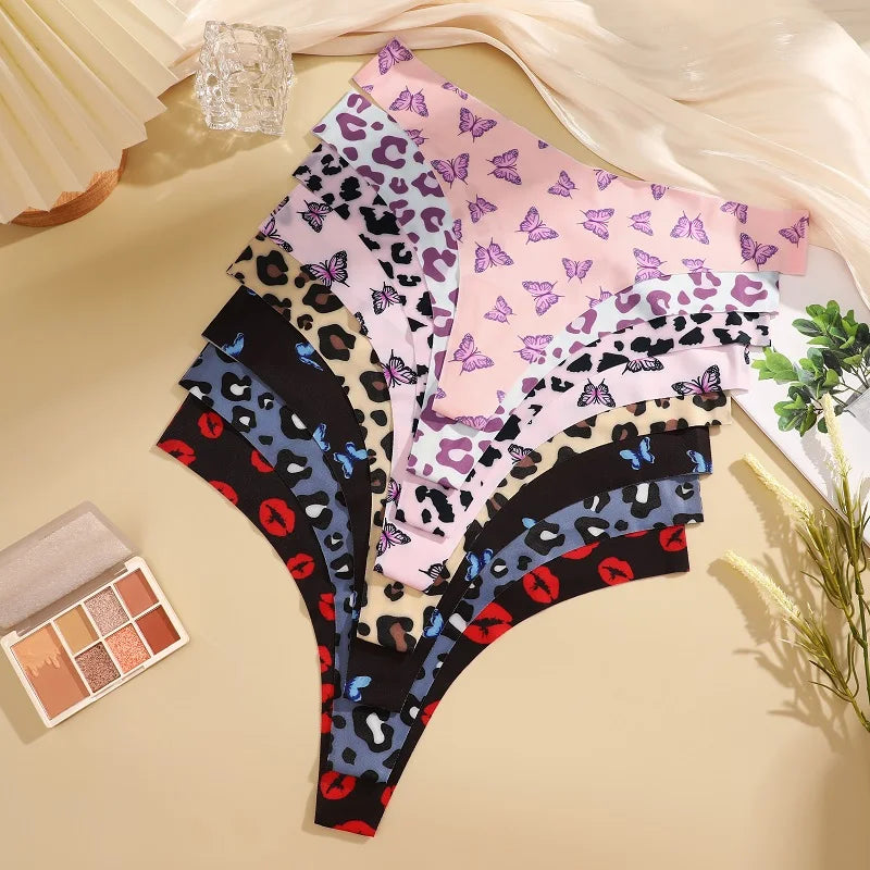 MaisonVerde® 3-Pack Ice Silk G-String Panties – Seamless Low-Rise Thongs for Women | Leopard & Butterfly Print Breathable Lingerie