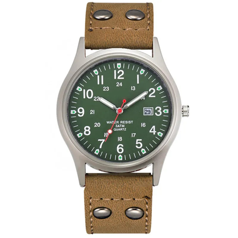 MaisonVerde® Men’s Casual Leather Quartz Watch – Black Military Sport Style with Date Display | Lightweight Student Gift Watch