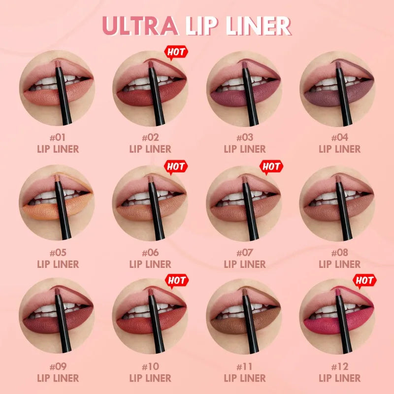 Waterproof Matte Lipliner Pencil – Long‑Lasting, Non‑Stick & Moisturising (12 Colours)