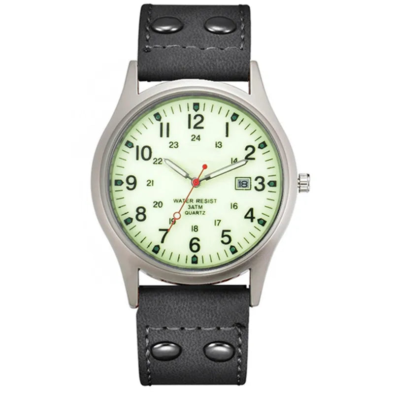 MaisonVerde® Men’s Casual Leather Quartz Watch – Black Military Sport Style with Date Display | Lightweight Student Gift Watch