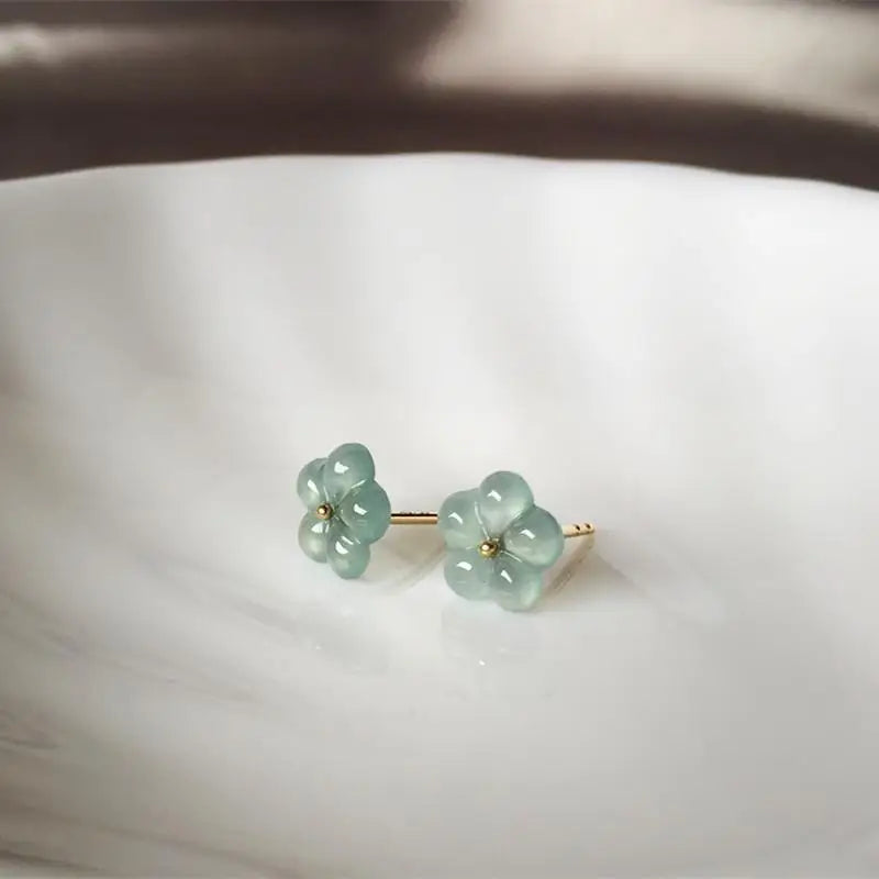 MaisonVerde® Ice Seed Chalcedony Flower Stud Earrings – Light Luxury Natural Stone Jewelry | Silver-Plated Petite Floral Charm for Women
