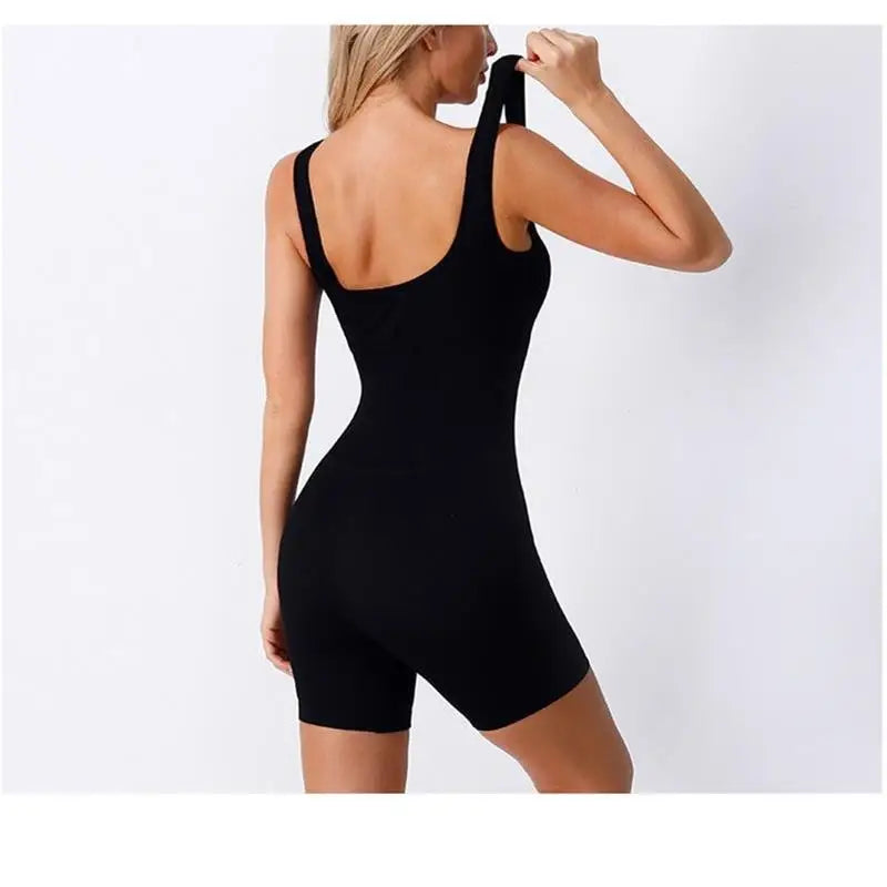 MaisonVerde® Summer Women’s Seamless Knit Yoga Jumpsuit – Square Collar Slim Fit Hip‑Lift Shorts One‑Piece