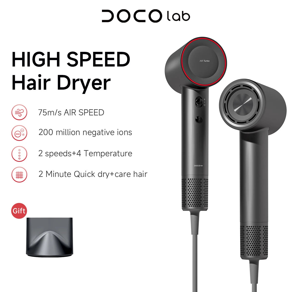 MaisonVerde® DOCO Professional High-Speed Hair Dryer – 75m/s Fast Drying with 200 Million Negative Ions | Lightweight, Low Noise, Dual Voltage