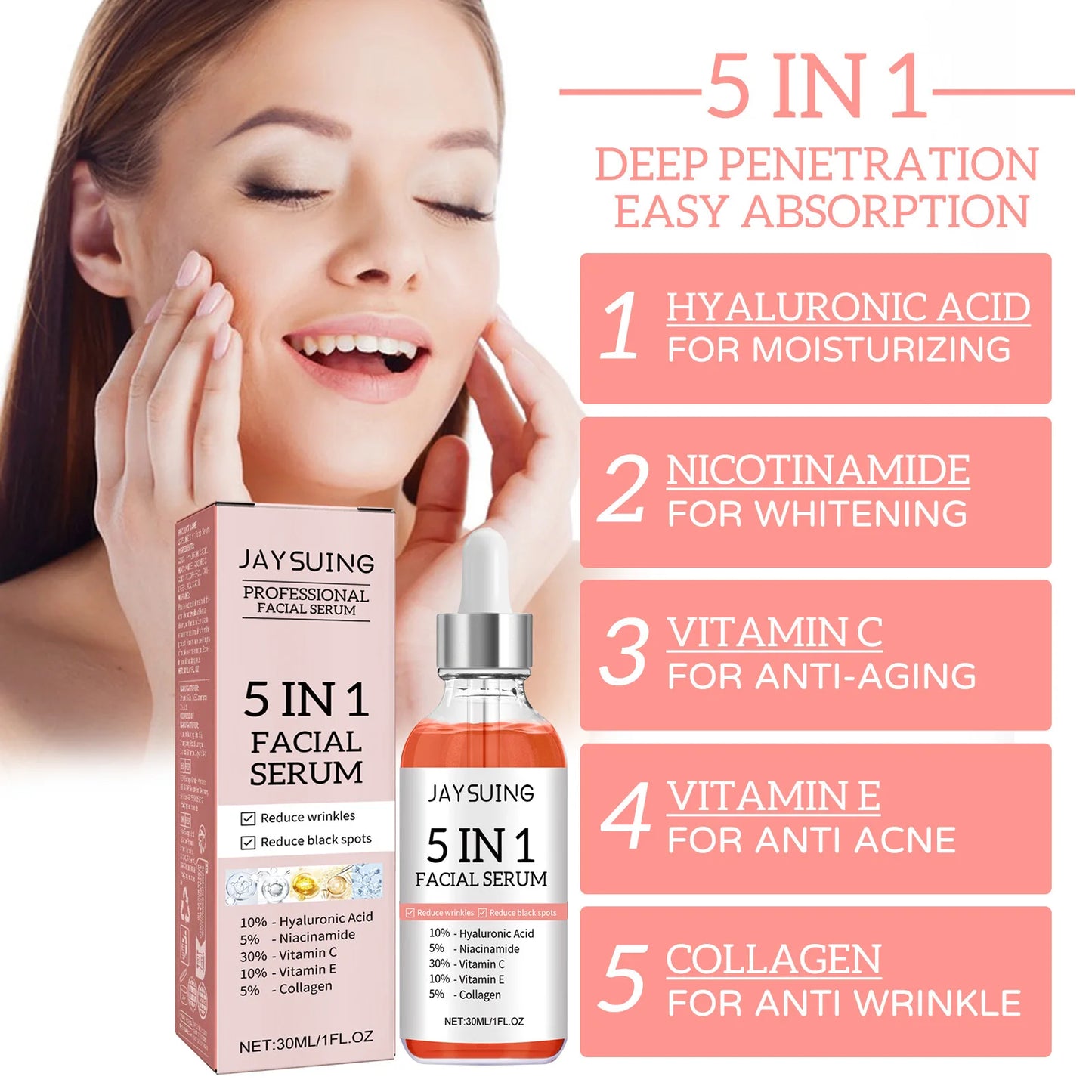 MaisonVerde® 5-in-1 Facial Serum – Hyaluronic Acid + Vitamin C + Niacinamide | Deep Hydration, Pore Care, Fine Line Reduction, Brightening, Firming