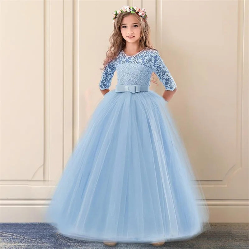 MaisonVerde® Fancy Flower Long Prom Gown – Girls’ Formal Party & Bridesmaid Dress (6–14 Years)