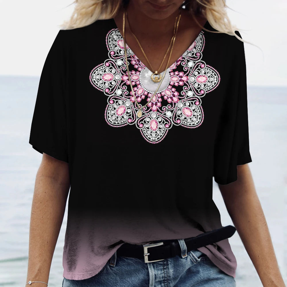 MaisonVerde® Women's Oversized 3D Floral Gradient T-Shirt – V-Neck Harajuku Summer Tee with Short Sleeves | Casual Stretch Jersey Top