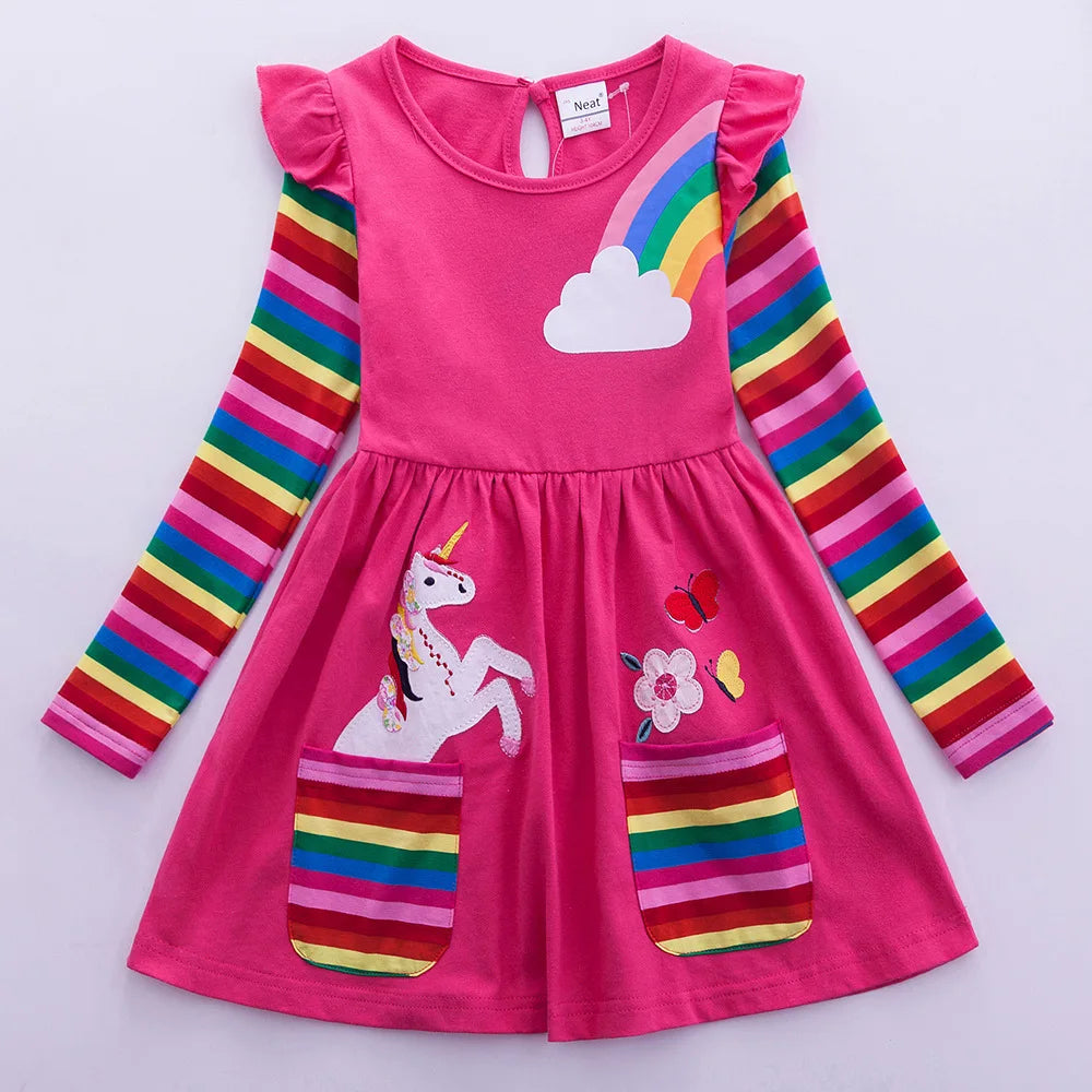 Girls' Long Sleeve Unicorn Dress – Embroidered Rainbow Pocket Dress for Autumn | Ages 2–12 | Maison Verde