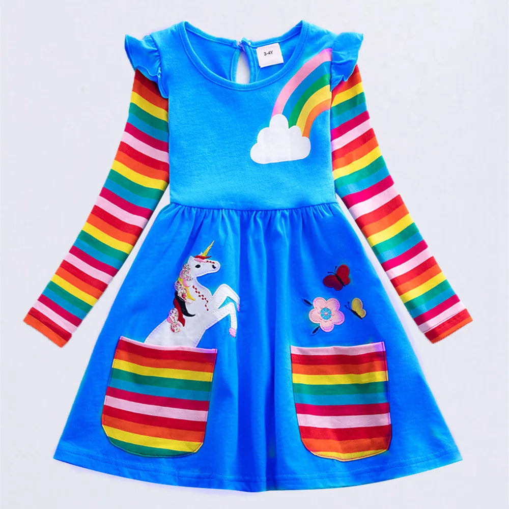 Girls' Long Sleeve Unicorn Dress – Embroidered Rainbow Pocket Dress for Autumn | Ages 2–12 | Maison Verde