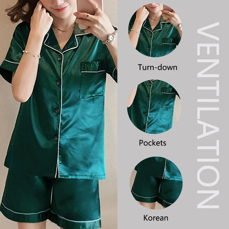 MaisonVerde® Women’s Ice Silk Pajama Set – Short Sleeve Button-Up Lapel Top & Shorts | Soft Korean-Inspired Summer Sleepwear