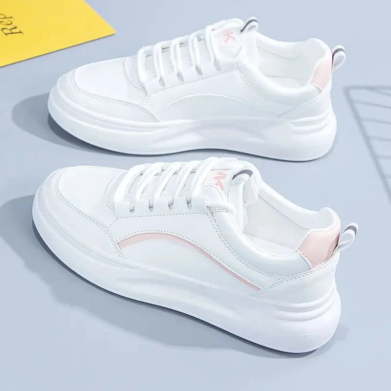 MaisonVerde® Women’s Casual Platform Sneakers – White PU Leather Lace-Up Flats | Comfortable Vulcanized Sole, Fashion Street Style