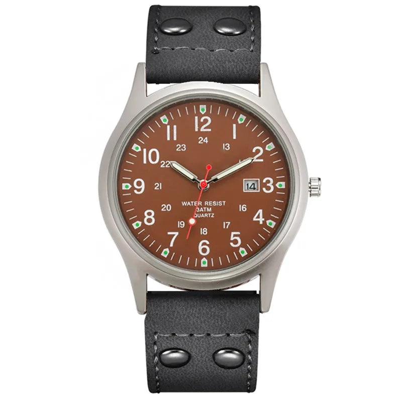 MaisonVerde® Men’s Casual Leather Quartz Watch – Black Military Sport Style with Date Display | Lightweight Student Gift Watch
