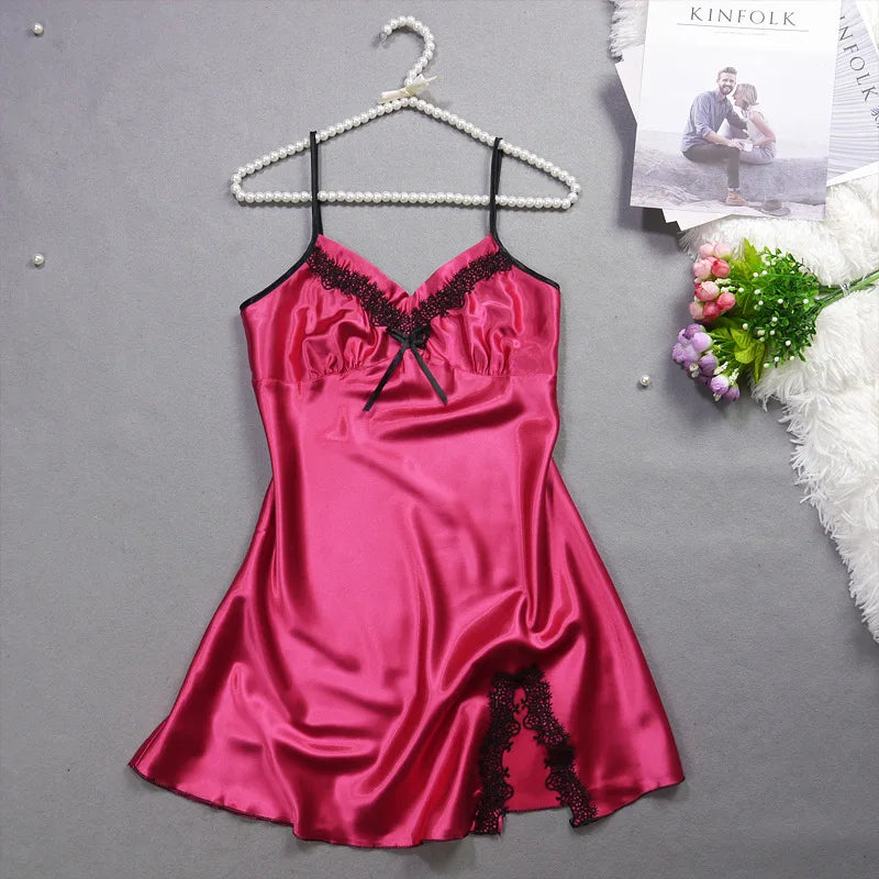 MaisonVerde® Ice Silk Halter Nightgown – Lace-Trimmed Sleeveless Mini Pajama Dress | Breathable Korean-Style Homewear for Women