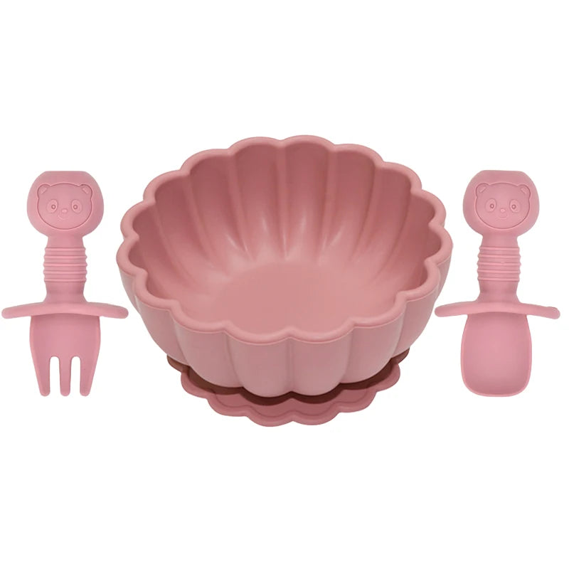 MaisonVerde® 3-Piece Silicone Baby Feeding Set – Suction Bowl with Fork & Spoon | BPA-Free, Non-Slip, Waterproof Tableware