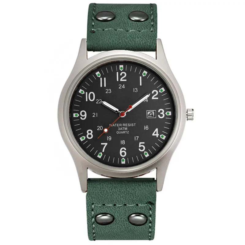 MaisonVerde® Men’s Casual Leather Quartz Watch – Black Military Sport Style with Date Display | Lightweight Student Gift Watch