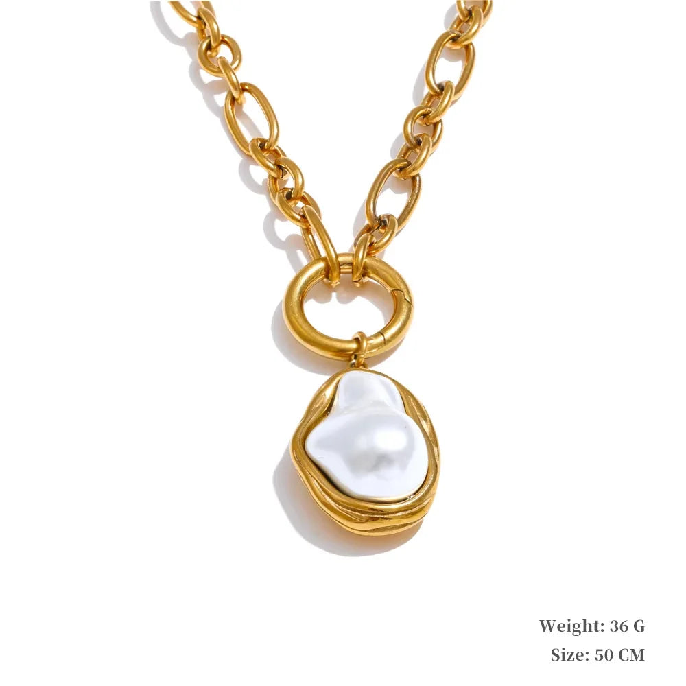 MaisonVerde® Baroque Pearl & Gold Chain Jewelry Set – Simulated Pearl Necklace & Earrings | PVD Gold Plated Stainless Steel Elegance