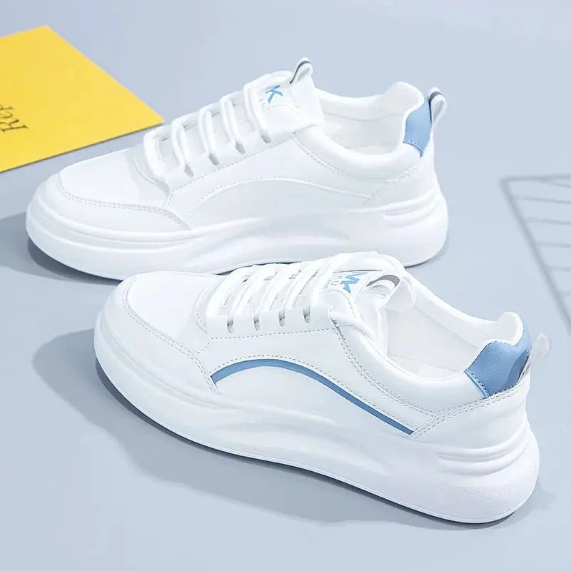 MaisonVerde® Women’s Casual Platform Sneakers – White PU Leather Lace-Up Flats | Comfortable Vulcanized Sole, Fashion Street Style
