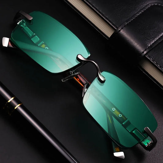 MaisonVerde® Square Rimless Sunglasses – Dark Green Crystal Lens | UV400 Retro Shades for Men & Women