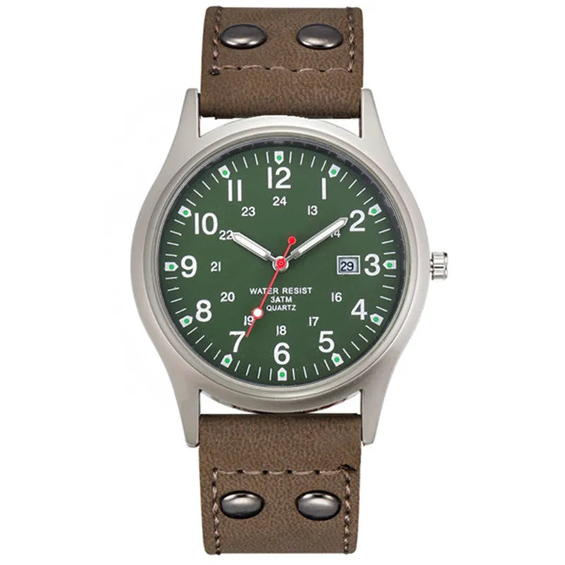 MaisonVerde® Men’s Casual Leather Quartz Watch – Black Military Sport Style with Date Display | Lightweight Student Gift Watch