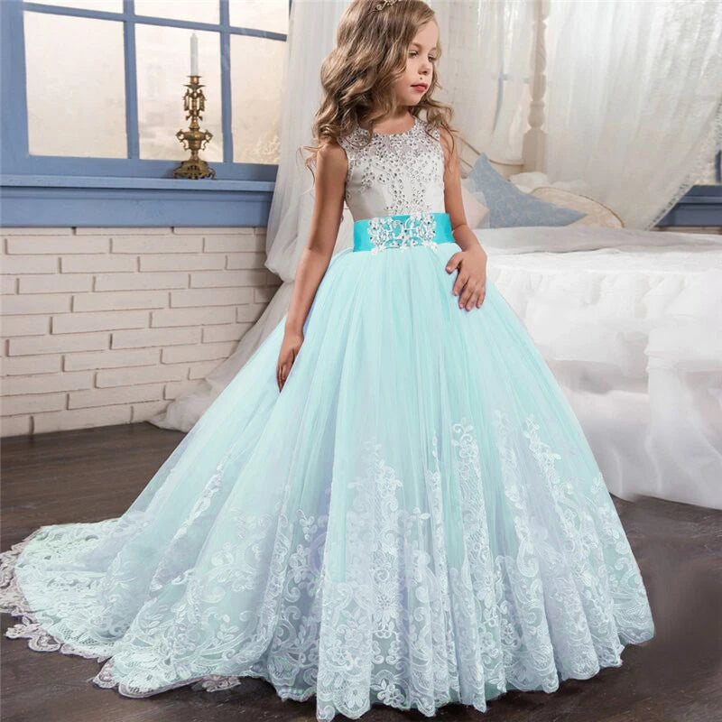MaisonVerde® Fancy Flower Long Prom Gown – Girls’ Formal Party & Bridesmaid Dress (6–14 Years)