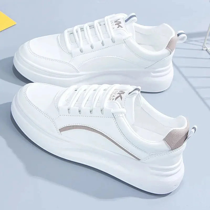 MaisonVerde® Women’s Casual Platform Sneakers – White PU Leather Lace-Up Flats | Comfortable Vulcanized Sole, Fashion Street Style
