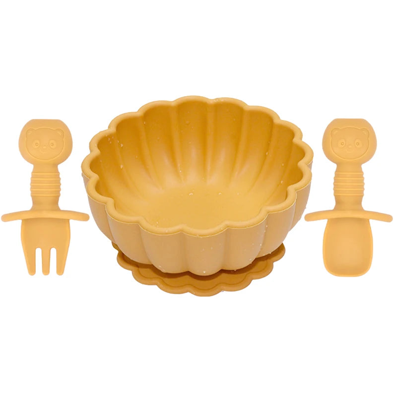 MaisonVerde® 3-Piece Silicone Baby Feeding Set – Suction Bowl with Fork & Spoon | BPA-Free, Non-Slip, Waterproof Tableware