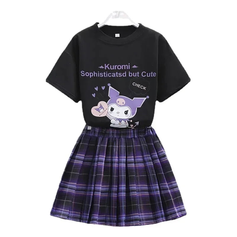 MaisonVerde® Sanrio Kuromi Kawaii Girls College Style Outfit – T‑Shirt & Pleated Skirt Set (Summer Collection)