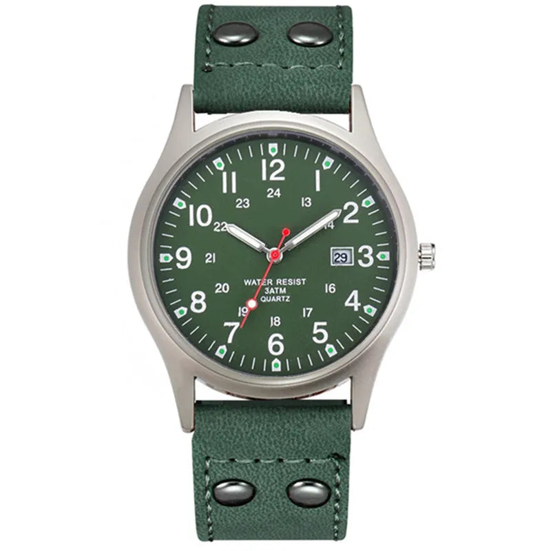 MaisonVerde® Men’s Casual Leather Quartz Watch – Black Military Sport Style with Date Display | Lightweight Student Gift Watch