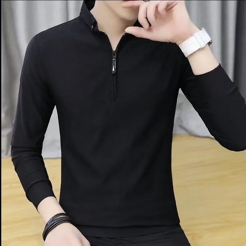 MaisonVerde® Men’s Stand Collar Zip Polo Shirt – Long Sleeve Korean Style Top | Casual Base Layer for Spring & Autumn