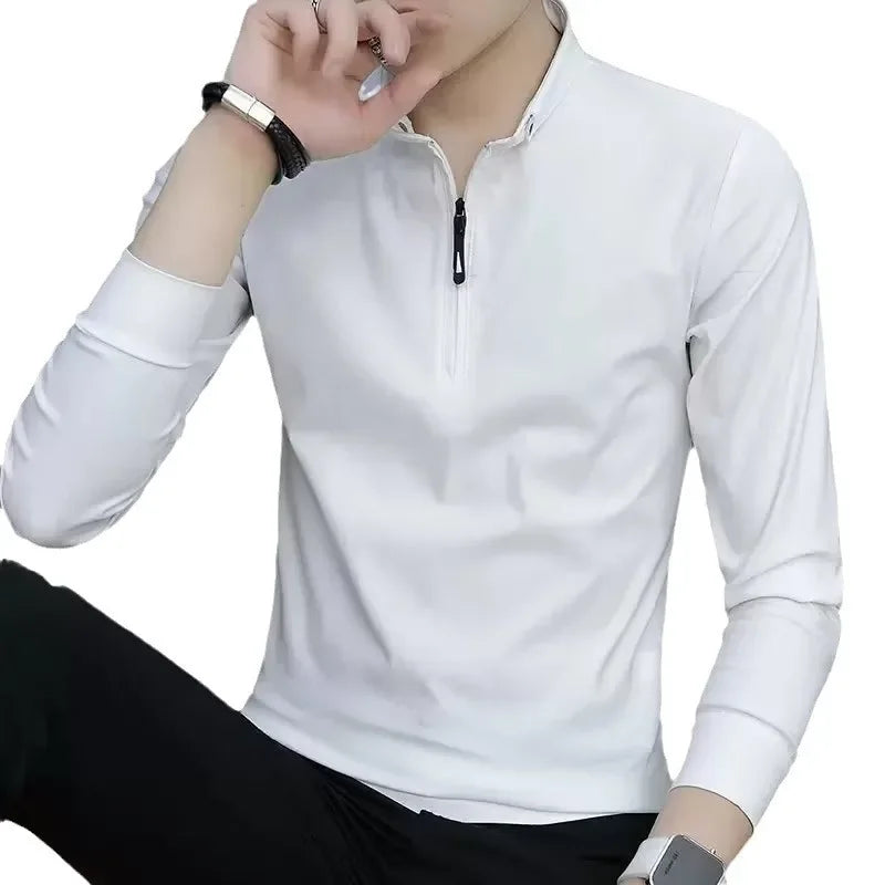 MaisonVerde® Men’s Stand Collar Zip Polo Shirt – Long Sleeve Korean Style Top | Casual Base Layer for Spring & Autumn