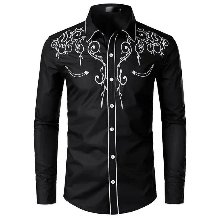 MaisonVerde® Men's Western Embroidered Denim Shirt – Casual Oversized Fit with Chinese-Inspired Detailing | Large Size Fashion Shirt