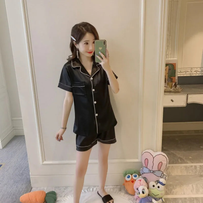 MaisonVerde® Women’s Ice Silk Pajama Set – Short Sleeve Button-Up Lapel Top & Shorts | Soft Korean-Inspired Summer Sleepwear