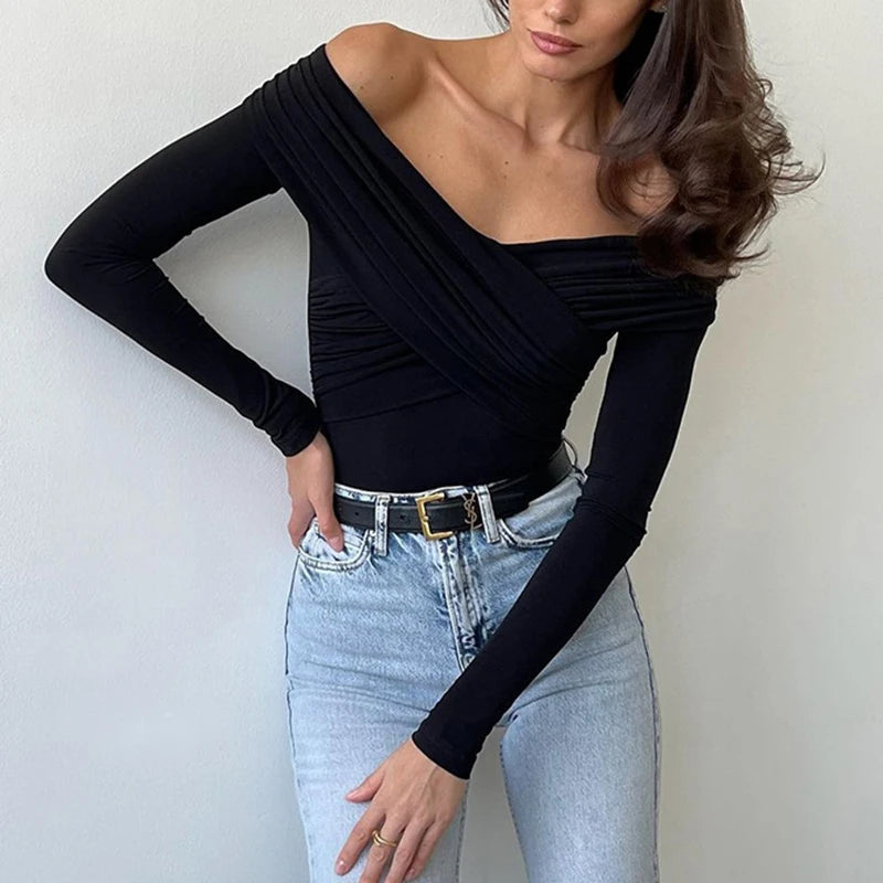 Autumn new 2024 sexy and fashionable V-neck off shoulder patchwork long sleeved slim fit versatile casual jumpsuit for womanAutumn 2024 Sexy V‑Neck Off‑Shoulder Patchwork Long Sleeve Slim Fit Jumpsuit for Women