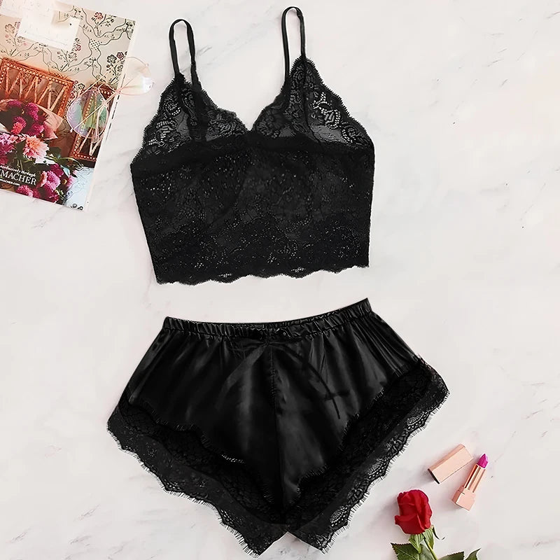 MaisonVerde® 2025 Summer Women’s Sexy Lace Pajama Set – See‑Through Suspender Top & Shorts (Black / Pink)