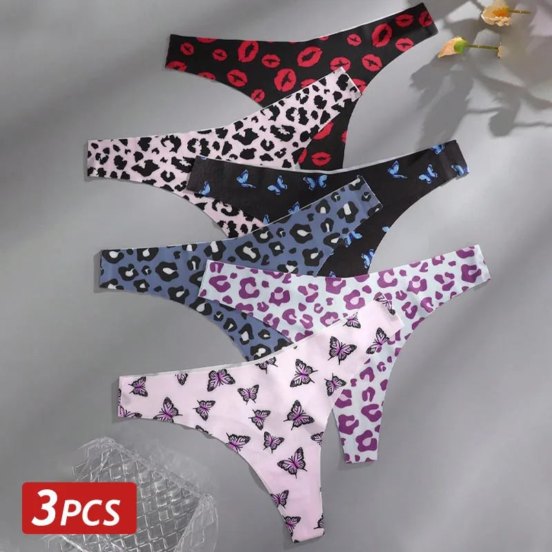 MaisonVerde® 3-Pack Ice Silk G-String Panties – Seamless Low-Rise Thongs for Women | Leopard & Butterfly Print Breathable Lingerie