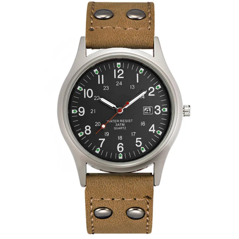 MaisonVerde® Men’s Casual Leather Quartz Watch – Black Military Sport Style with Date Display | Lightweight Student Gift Watch
